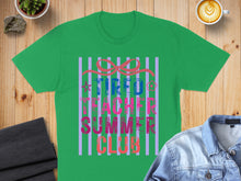Load image into Gallery viewer, Green t-shirt with "Tired Teacher Summer Club" text in colorful stripes.
