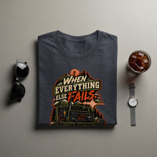 Load image into Gallery viewer, Dark t-shirt with graphic of ham radio equipment and text "When Everything Else Fails".
