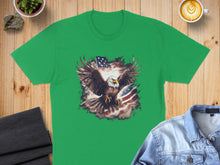 Load image into Gallery viewer, Green t-shirt with distressed eagle and American flag graphic.
