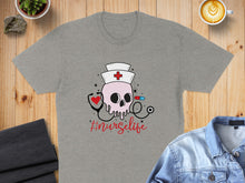 Load image into Gallery viewer, Grey t-shirt with a skull wearing a nurse's cap and stethoscope, "#nurselife" text.
