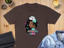 Load image into Gallery viewer, Brown t-shirt featuring "SCRUB LIFE" with a nurse character.
