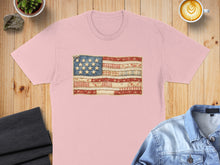 Load image into Gallery viewer, Pink t-shirt with American flag design made of patchwork fabric.
