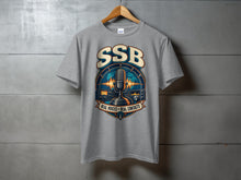 Load image into Gallery viewer, Gray t-shirt with SSB logo, vintage microphone, and radio equipment graphic.
