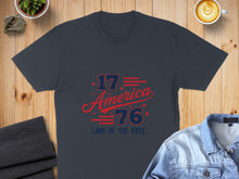 Load image into Gallery viewer, Navy t-shirt with "1776 Land of the Free" in red and blue text.
