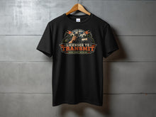 Load image into Gallery viewer, Black t-shirt with "Licensed to Transmit" graphic featuring a radio and microphone.
