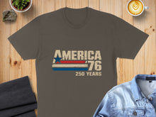 Load image into Gallery viewer, Brown t-shirt with "AMERICA '76 250 YEARS" patriotic graphic.
