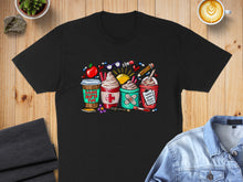 Load image into Gallery viewer, Black t-shirt with colorful cartoon drinks and medical supplies.
