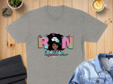 Load image into Gallery viewer, Gray t-shirt with "RN" and a nurse illustration with butterflies.
