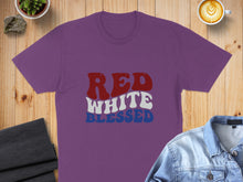 Load image into Gallery viewer, Purple t-shirt with red, white, and blue "RED WHITE BLESSED" text.
