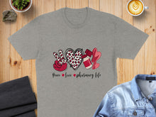 Load image into Gallery viewer, Gray t-shirt with "Peace Love Pharmacy Life" text and heart, pill bottle, and peace sign icons.
