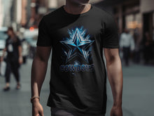 Load image into Gallery viewer, Black T-shirt with Blue Star and Cowboys Text Design
