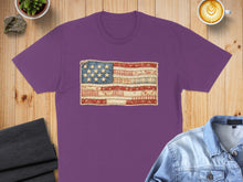 Load image into Gallery viewer, Purple t-shirt with a patriotic patchwork American flag design.
