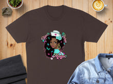 Load image into Gallery viewer, Brown t-shirt with Black Nurse Magic graphic featuring a woman with curly hair and butterflies.
