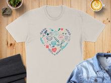 Load image into Gallery viewer, Cream t-shirt with heart-shaped medical icons and text "nurse" and "patience."
