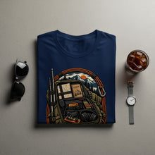 Load image into Gallery viewer, Navy t-shirt with graphic of backpack filled with radio gear, map, and logbook.
