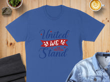 Load image into Gallery viewer, Blue t-shirt with "United We Stand" text and red accents.
