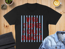 Load image into Gallery viewer, Black t-shirt with red text reading "weird teachers build character."
