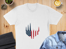 Load image into Gallery viewer, White t-shirt with an American flag design on the front.
