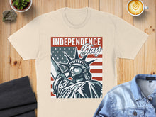 Load image into Gallery viewer, T-shirt with Statue of Liberty and American flag design, "Independence Day" text.
