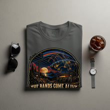 Load image into Gallery viewer, T-shirt with "THE BANDS COME ALIVE" text and vintage radio scene.
