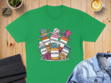 Load image into Gallery viewer, T-shirt design with colorful pill bottles, hats, and roses, labeled Ativan, Fentanyl, Midazolam, Diprivan, Naloxone.
