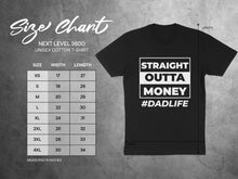 Load image into Gallery viewer, Next Level 3600 size chart for unisex cotton t-shirt with dimensions in inches.

