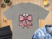 Load image into Gallery viewer, Pink bow with XOXO pattern, nurse cap, and stethoscope.
