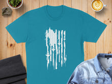 Load image into Gallery viewer, Teal t-shirt with distressed American flag design featuring white jet outlines.
