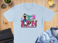 Load image into Gallery viewer, Light blue t-shirt with LPN lettering and nurse illustration.
