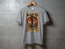 Load image into Gallery viewer, Gray t-shirt with "Wanted: A Clear Frequency" text and microphone graphic.
