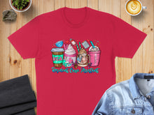 Load image into Gallery viewer, T-shirt with four illustrated coffee drinks, "RCA Resident Care Assistant" text.
