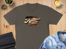 Load image into Gallery viewer, Brown t-shirt with distressed "America" text overlayed on US flag pattern.
