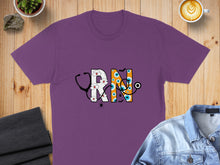 Load image into Gallery viewer, Purple t-shirt with "RN" text art featuring a stethoscope and spooky eyes.
