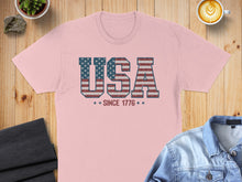 Load image into Gallery viewer, Pink t-shirt with "USA Since 1776" in a flag pattern.
