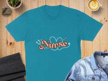 Load image into Gallery viewer, Teal t-shirt with "Nurse" text and heart stethoscope graphic.
