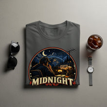 Load image into Gallery viewer, T-shirt graphic depicting a ham radio operator at night with "MIDNIGHT DX" text.
