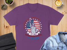Load image into Gallery viewer, Purple t-shirt with Statue of Liberty and American flag celebrating 1776-2026.
