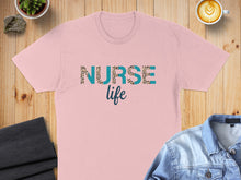 Load image into Gallery viewer, Pink t-shirt with "NURSE life" text in leopard print and blue letters.
