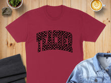 Load image into Gallery viewer, Maroon t-shirt with "TEACHER" in a black and white checkered font.
