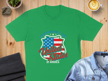 Load image into Gallery viewer, Green t-shirt with "Independence Day United States of America" shield graphic.
