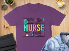 Load image into Gallery viewer, NURSE text art with stethoscope, thermometer, and medical terms on a purple t-shirt.
