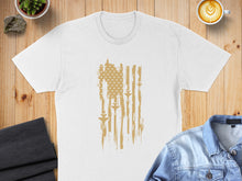 Load image into Gallery viewer, White t-shirt with distressed gold American flag graphic.
