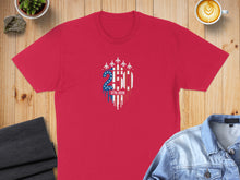 Load image into Gallery viewer, Red t-shirt with "250" in white and blue, featuring jets and dripping flag design.
