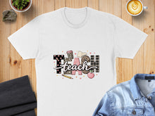 Load image into Gallery viewer, White t-shirt with "TEACH" design featuring leopard print and plaid.
