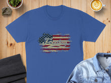 Load image into Gallery viewer, Blue t-shirt with distressed American flag graphic and "Freedom" text.
