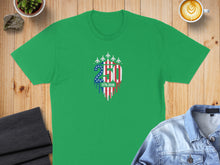 Load image into Gallery viewer, Green t-shirt with "250" in American flag colors and fighter jets.
