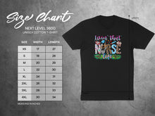 Load image into Gallery viewer, Next Level 3600 unisex cotton t-shirt size chart with width and length measurements.
