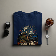 Load image into Gallery viewer, Navy t-shirt with illustration of a radio operator and the word "AMATEUR".
