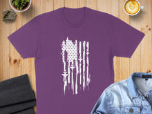 Load image into Gallery viewer, Purple t-shirt with distressed American flag design featuring fighter jets.
