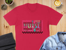 Load image into Gallery viewer, Red t-shirt with a nurse-themed word cloud design including stethoscope, patient, and caring.

